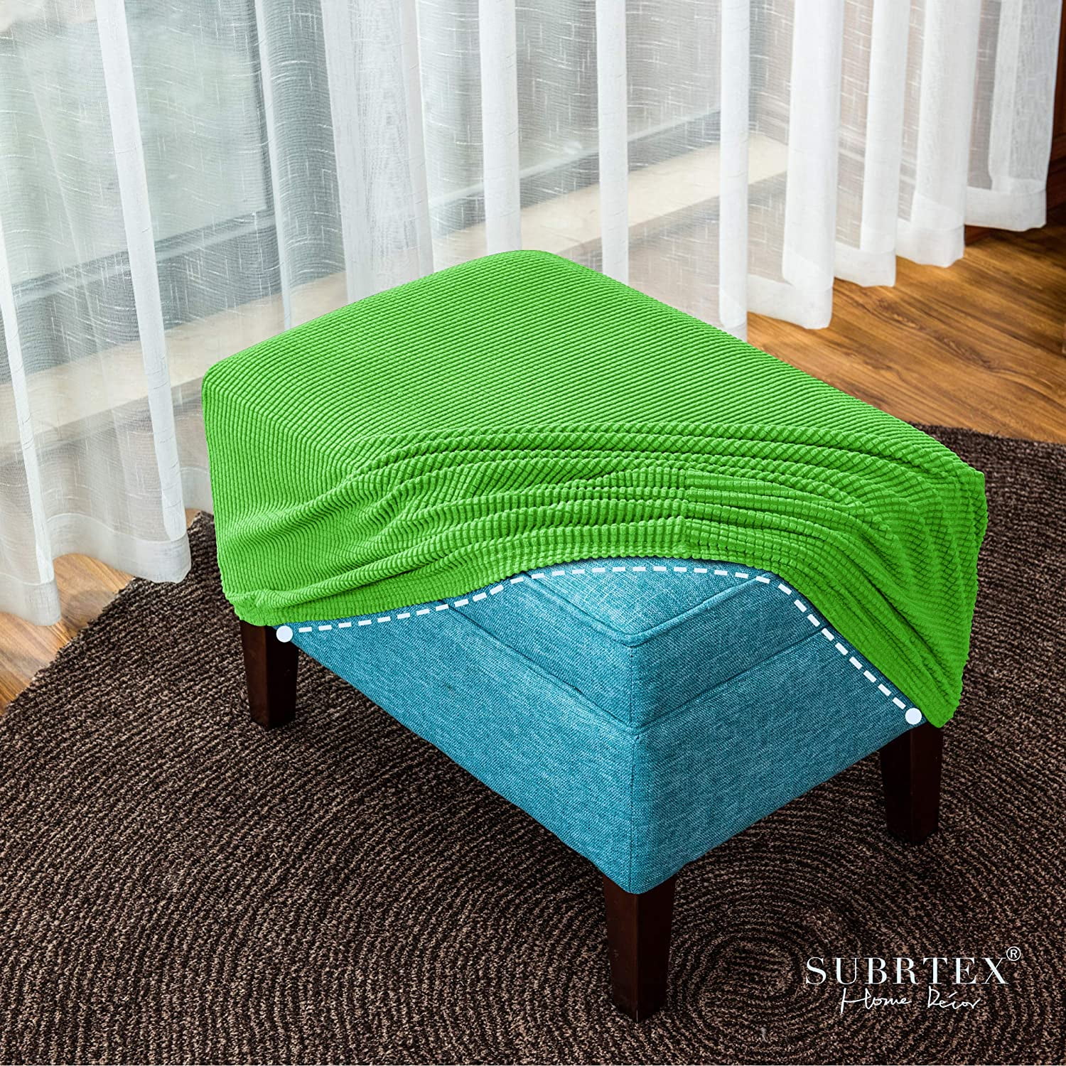 Subrtex Stretch Textured Grid Oversized Ottoman Slipcover, Grass Green
