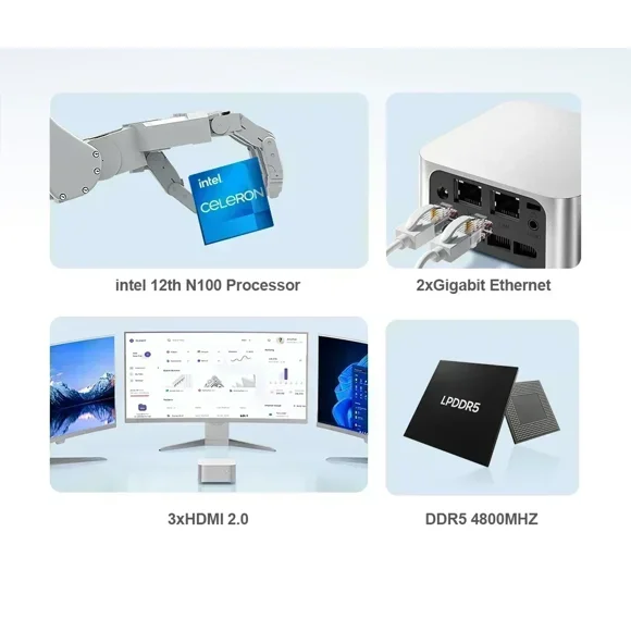 Mini PC Chatreey T8 Intel Celeron Quad Core N200/N100 Computadora de bolsillo 3xHD 2.0 2xGigabit Ethernet Windows 11 Wifi5