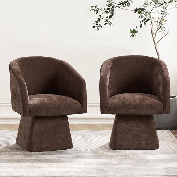 ENYLAY Swivel Modern Accent Chair,Luxury Fabric Upholstered Makeup Chair Comfy Barrel Chair with No Wheels,360°Rotating Vanity Armchair for Living Room Bedroom Office (Brown, 2 Pcs)