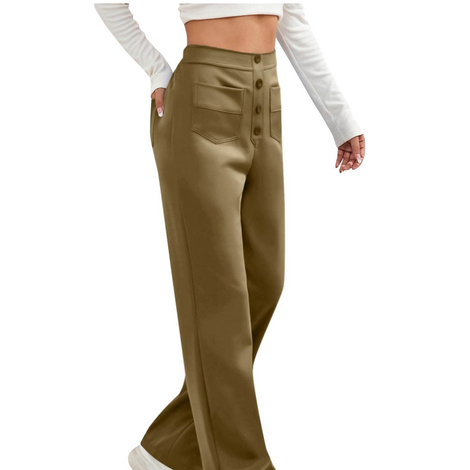 Mrat High Waisted Pants for Women Back Elastic Waist Pull One Pants Button  Straight Leg Pants with Pockets Casual Loose Pants Trousers , Brown, XL -  Walmart.com