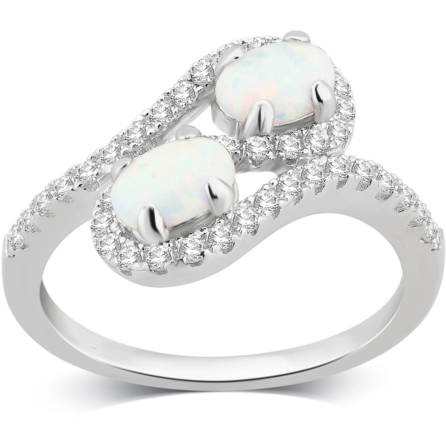 Created Opal and White Sapphire Gemstone Sterling Silver Two stone Ring