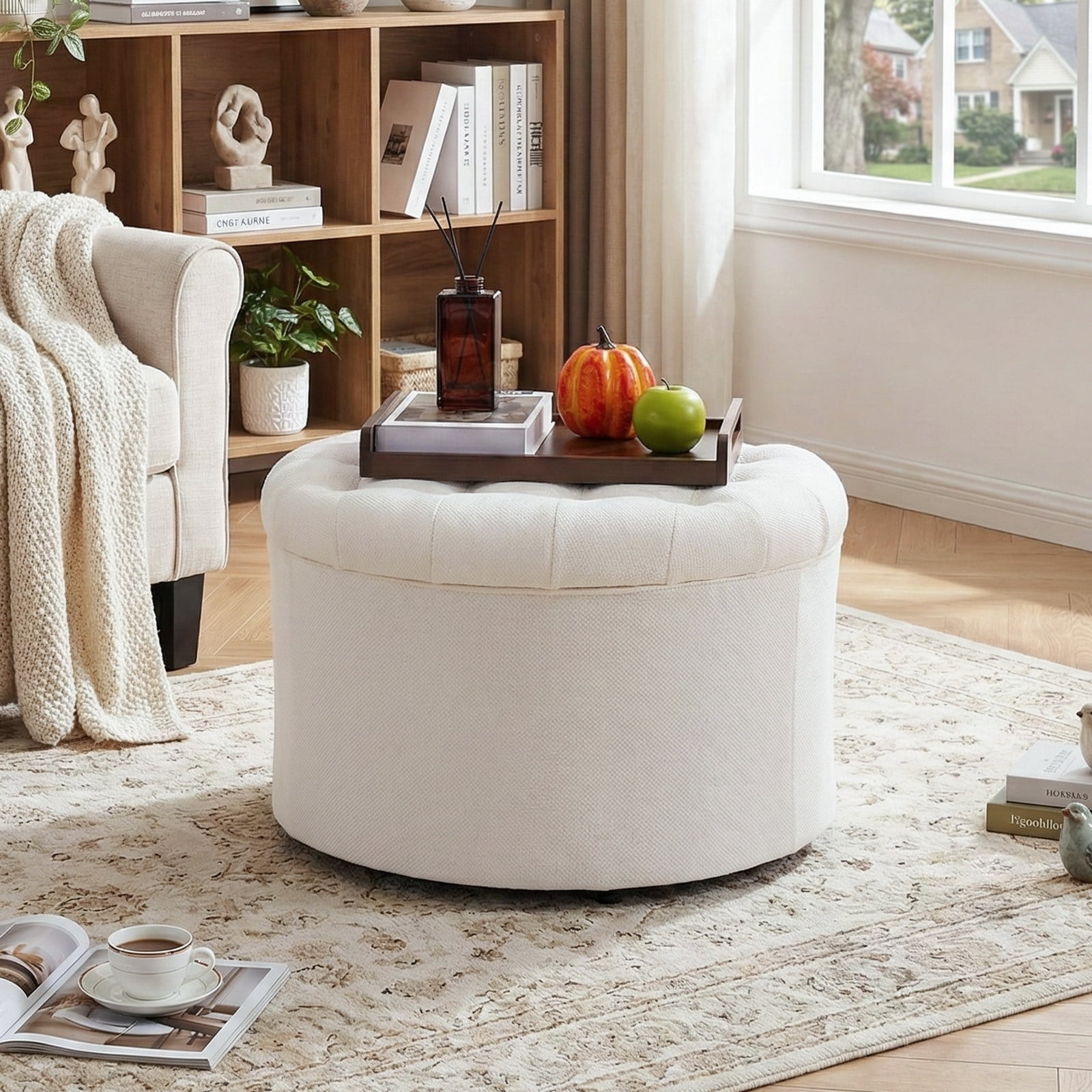 Dovov 25" Tufted Round Ottoman with Storage, Large Storage Ottoman Footrest Flip Top Foot Stool, 220lbs Capacity, Beige