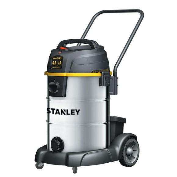 STANLEY ASPIRATEUR POUR CHARIOT EN ACIER INOXYDABLE 16 GALLONS 6,5 CV, TUYAU 2-1 / 2 "X 10 ', CORDON 20', LAME D'EXTENSION, FILTRE À CARTOUCHE, SAC À POUSSIÈRE JETABLE, BROSSE À PLANCHER, BUSE UTILITA