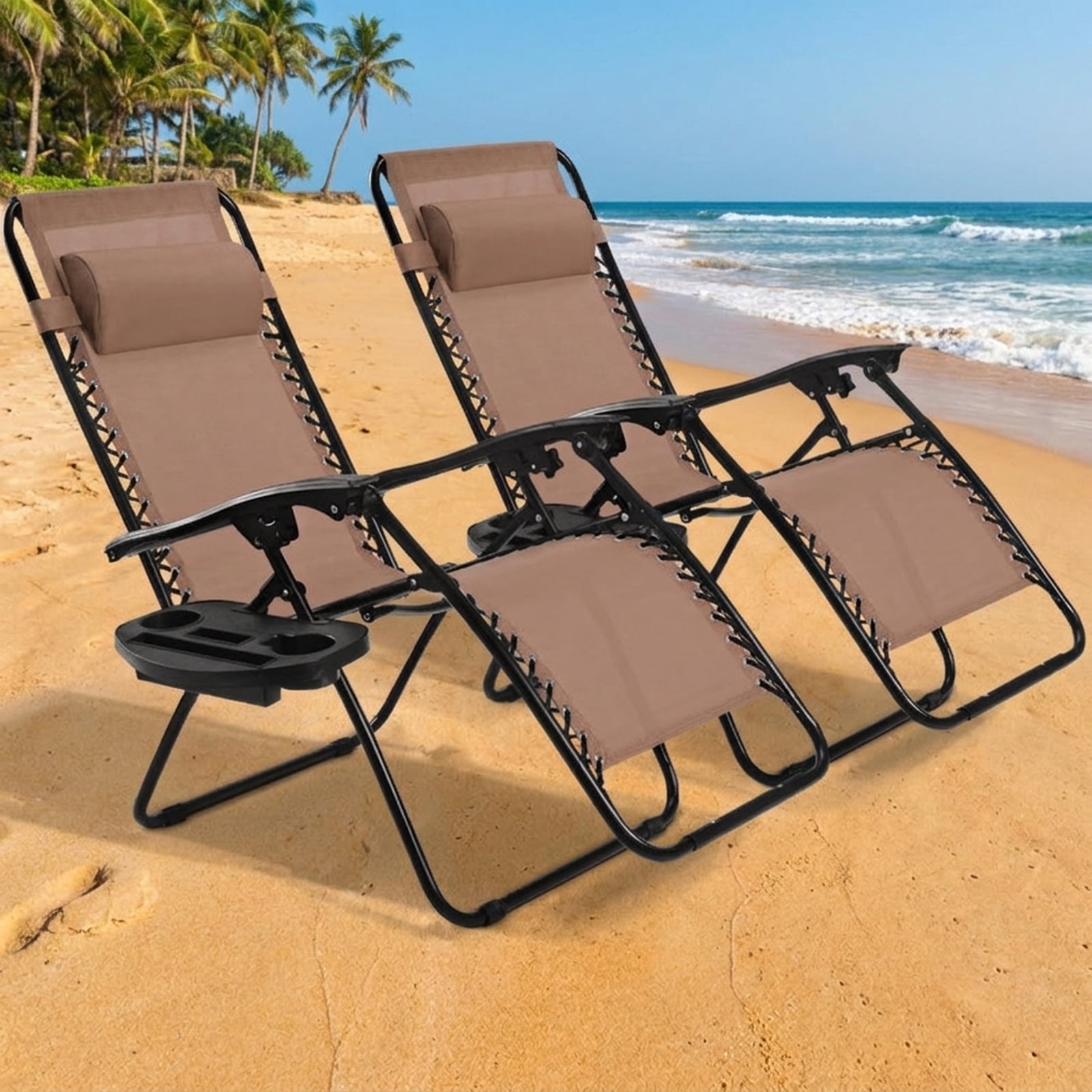 Furnibear 2 Piece Folding Zero Gravity Lounge Chair Set with 0 to 160 Degree Recline Removable Tray Padded Pillow Powder Coated Steel Frame and Bungee Support for Patio, Gray