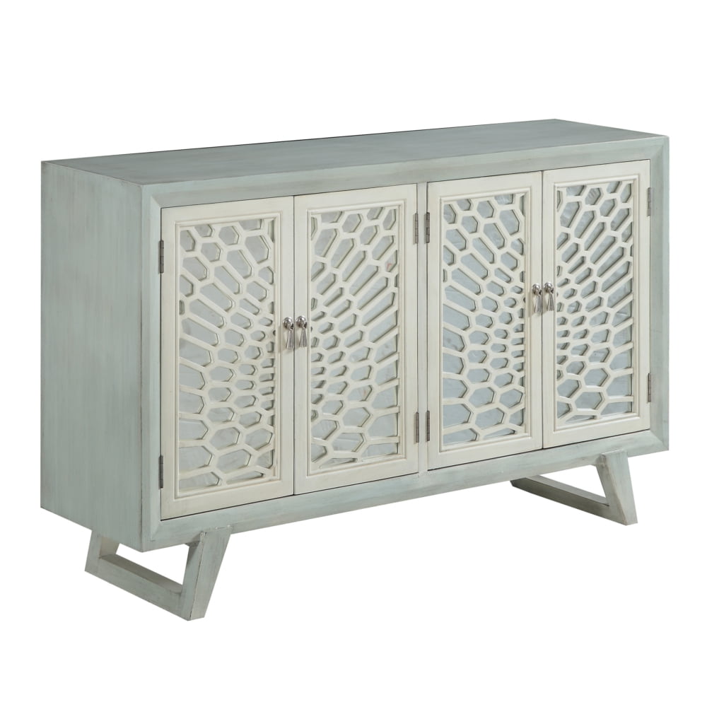 57" MINT CREDENZA ACCENT WITH FOUR RUSTIC WHITE MIRRORED DOORS