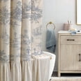 thumbnail image 4 of Ruffle Linen Shower Curtain with Blue and White Toile de Jouy for Vintage French Country Bathroom Decor Shabby Chic Chateau Toile Pattern 72x72 Inches, 4 of 6