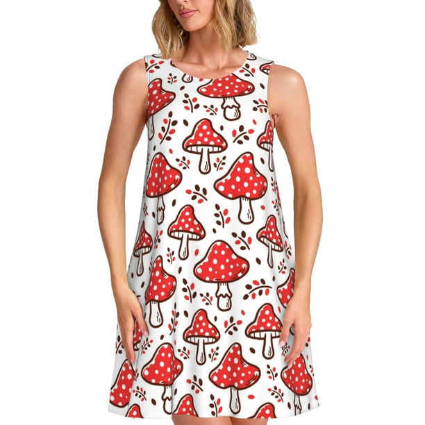 Fotbe Amanita Red Mushroom Vestido de Verano sin Mangas para Mujer – Vestido Midi Línea A, Estilo Camiseta Floral, Vestido Playero Casual y Fluido