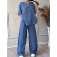 thumbnail image 4 of Womens Cotton Linen 2 Piece Sets V Neck Button Down Long Sleeve Shirt Wide Leg Trouser Sets with Pockets Blue 4XL, 4 of 7