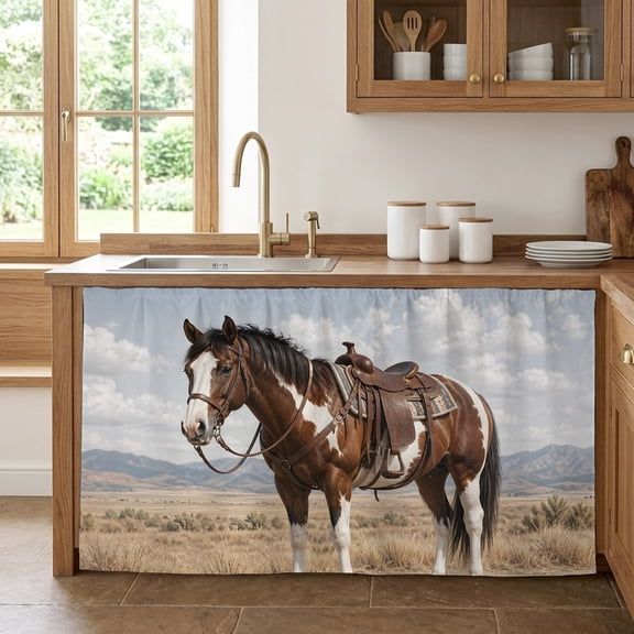 Brown Horse Cabinet Curtains for Kitchen 32"Wx55"L, Western Rustic Country Sand Desert Mountain Wildlife Pantry Curtain Skirt Magic Tape Short Curtains Decor Privacy Panel for Utility Closet Bathroom