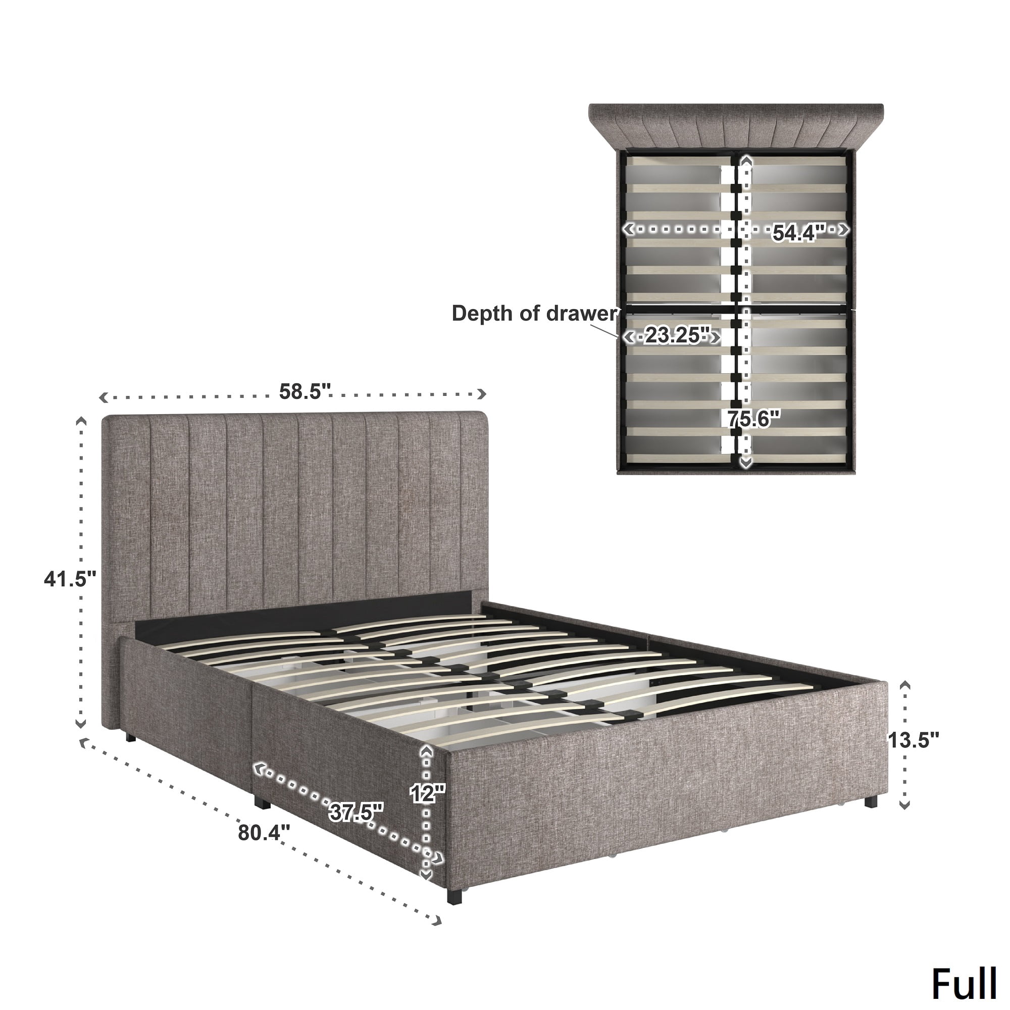 Weston Home Gaylen Gray Linen Storage Platform Bed with Channel Headboard, Full