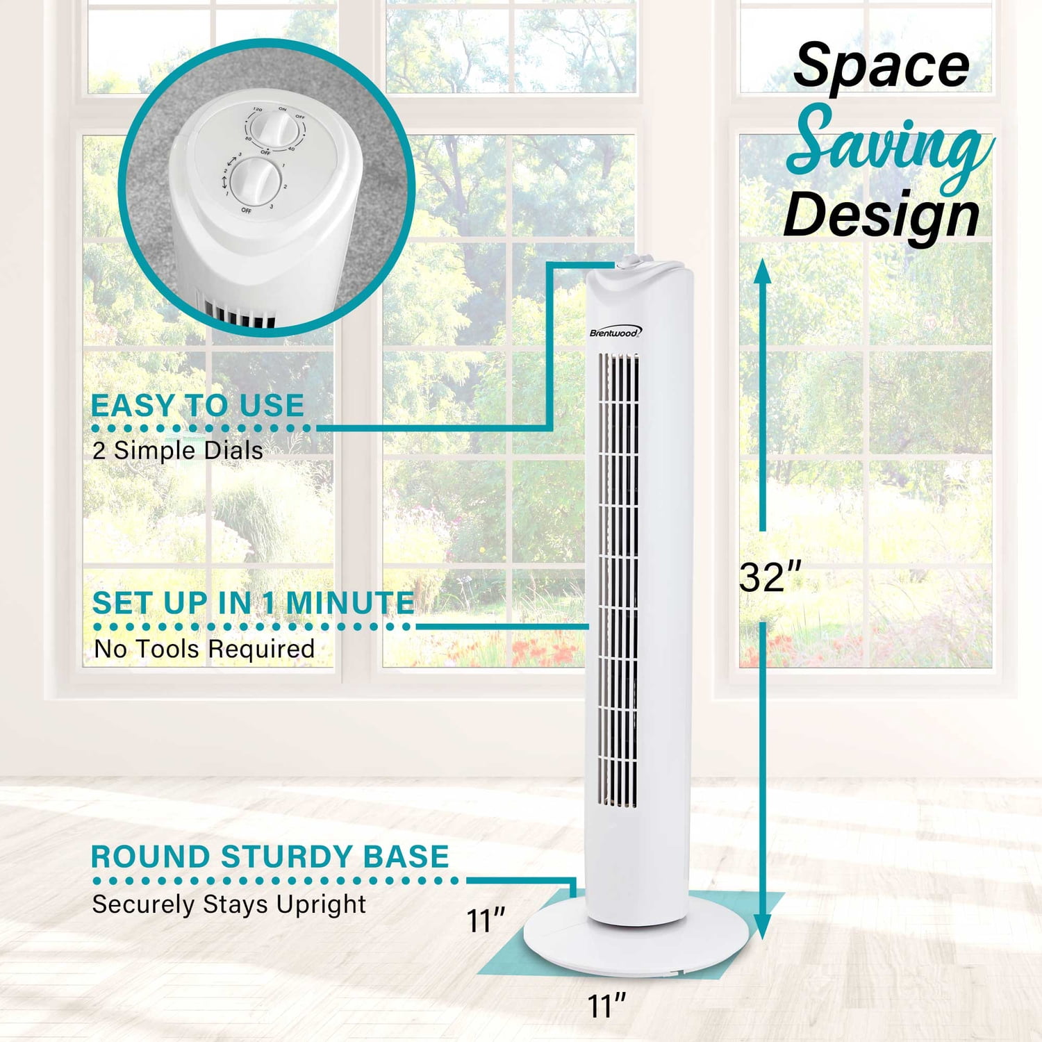Brentwood 32-In. 3-Speed Portable Oscillating Tower Fan with Timer, F-32T (White), F-32TW