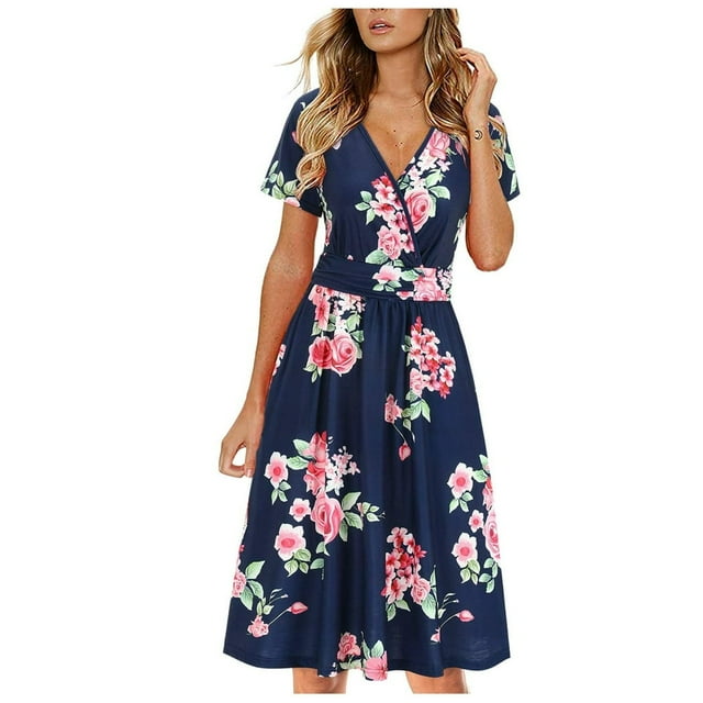 PENGXIANG Femmes Manches Courtes Casual Imprimé Floral Plage Maxi Robe en Vrac