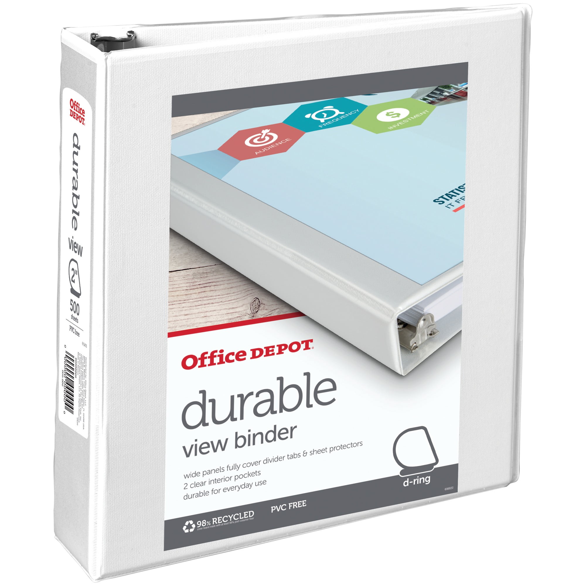 Office Depot® Brand Durable View D-Ring Binder, 2' Rings, 39% Recycled, White