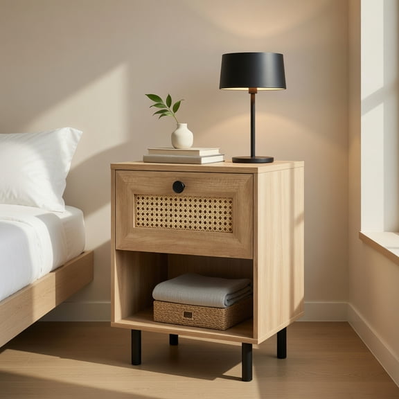 Demi Bonn Boho Rattan Nightstand, Drawer & Open Shelf, Metal Legs & Oak Wood Grain, Brown