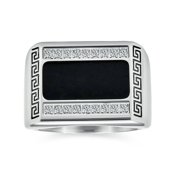 Personalize Geometric Pave CZ Accent Cubic Zirconia Men's Rectangle Signet Statement Greek Key Design Band Ring for Men Black Enamel Stainless Steel