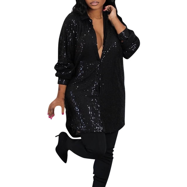 Mini vestido con lentejuelas para mujer: brillante, con botones, cuello en V, poliéster, para fiesta/salir por la noche, S-XXL