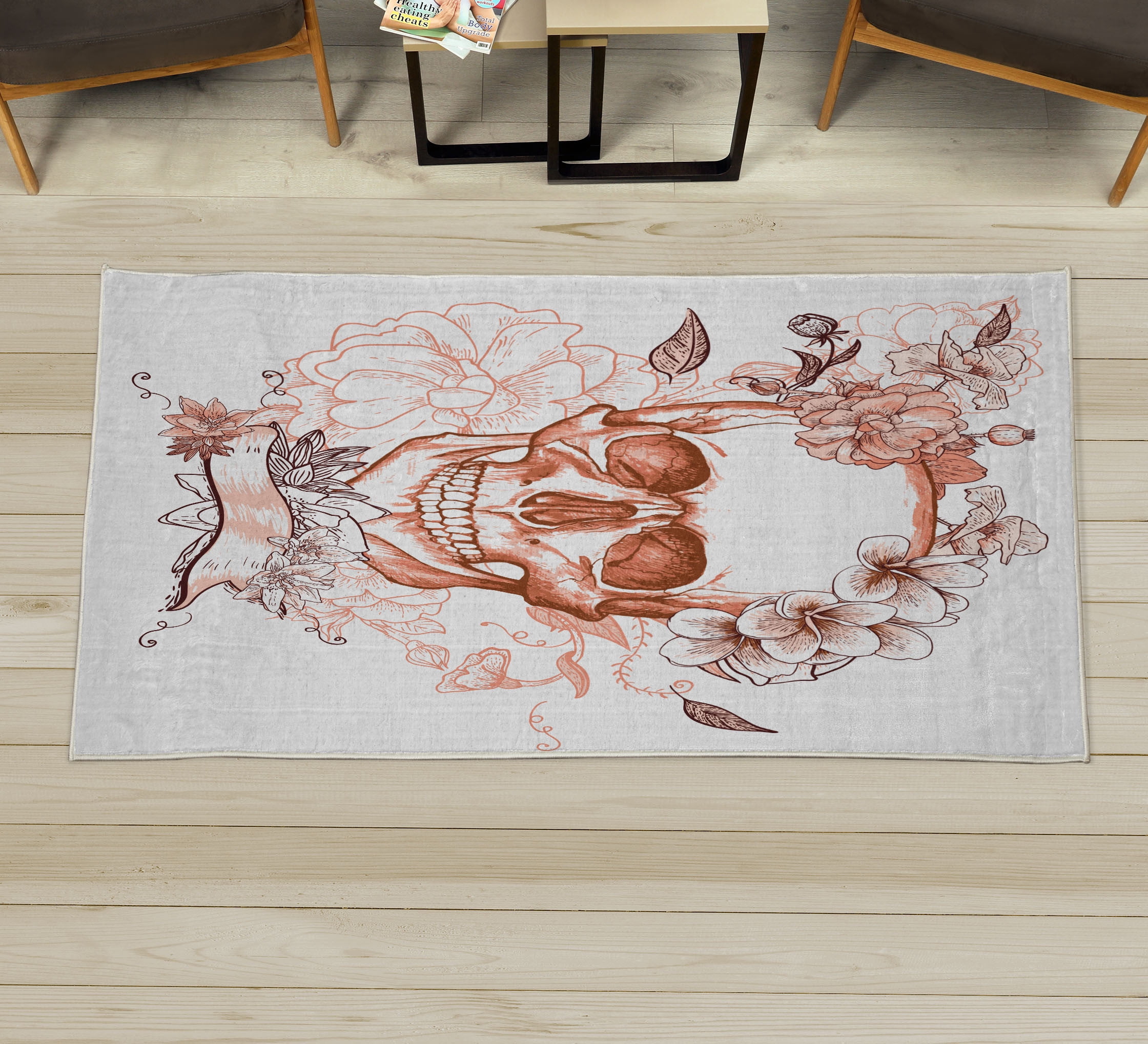 Grunge Decorative Rug, Skull and Flowers Day of the Dead Mexican ...
