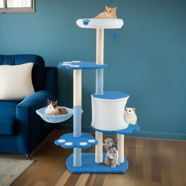Demi Bonn 54" Cat Tree Tower for Indoor Cats, Cat Tree House with Large Padded Bed, Cozy Condo, Hammocks, Sisal Scratching Posts, Blue