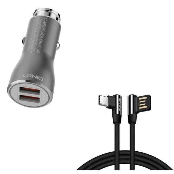 Charger Cord 6ft Type-C Angle USB Cable w 2-Port USB 36W Fast Car Charger Z5R for LG Q7 Plus, Google Nexus 5X, G8 ThinQ, G7 ThinQ, G Pad X II 10.1, Stylo 5 4 Plus - Microsoft Surface Go (10")