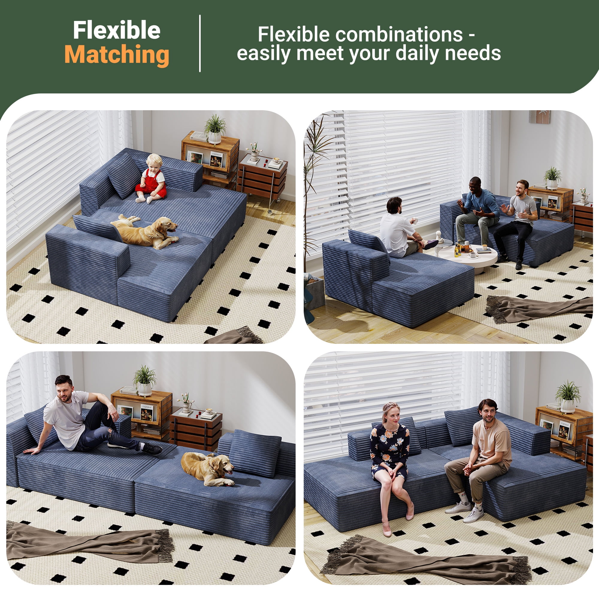 Meeyar 91" Boneless Modular Sectional Sofa with L Shaped Chaise, Cloud Couch for Living Room, Navy Blue