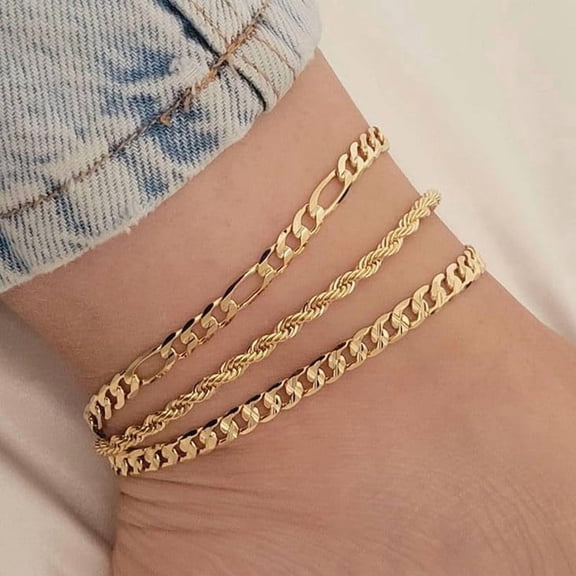 Ankle Bracelets for Women, 14k Gold Plated Jewelry Set Waterproof Layered Cuban Figaro Link Chain Anklets Set Gold Anklets Summer Boho Beach Jewelry Gift Adjustable Size