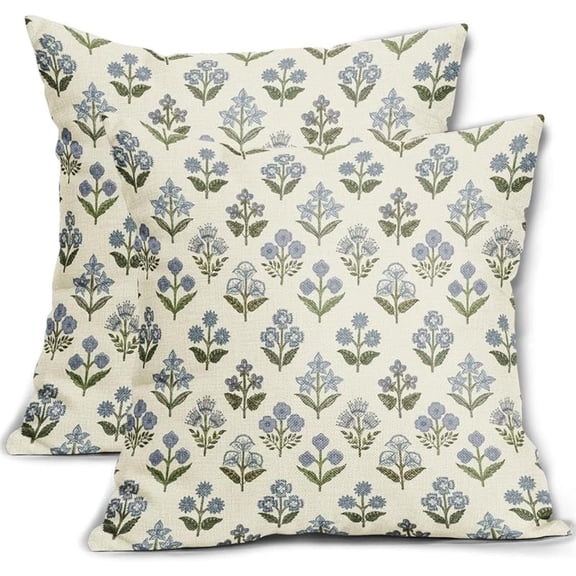 Blue Green Block Print Pillow Covers 20x20 Inch Set of 2, Vintage Floral Spring Decorative Throw Pillow Cases Boho Cushion Covers Rustic Decoration Gift Farmhouse Sofa Couch Bed Decor