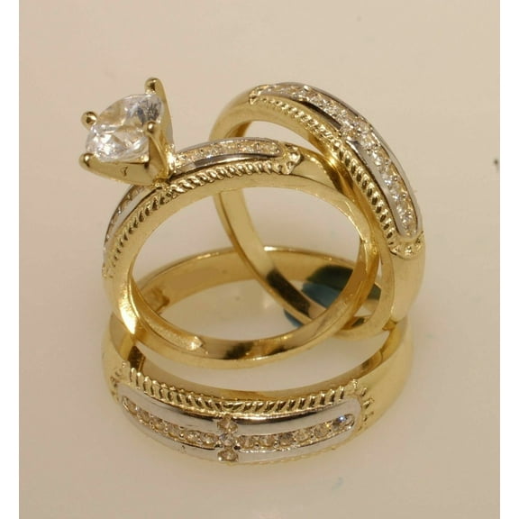 TAAPSEE JEWELS Round Cut Cubic Zirconia 14K Yellow Gold Plated Wedding Trio Ring Set His & Her