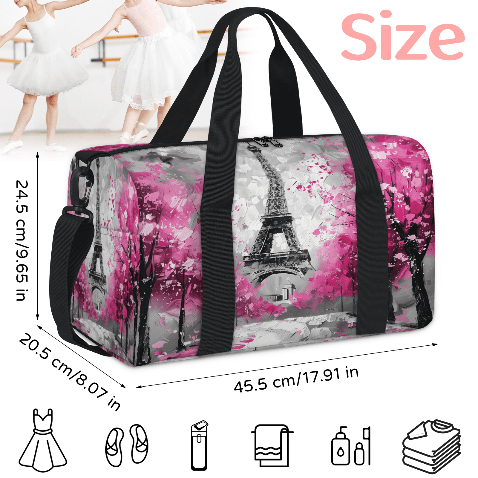 Herdesigns Paris Eiffel Tower Travel Duffle Bag Sports Yoga Weekender Overnight Carry on Workout Bags Lightweight Waterproof Gym Tote Bag for Women