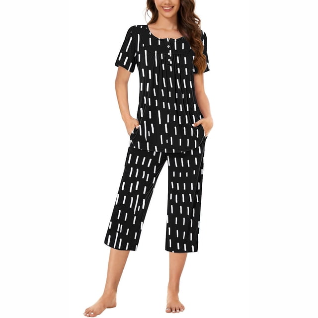 Rbaofujie Ensemble de Pyjama Short pour Femme, Col Rond, Imprimé à Rayures, Chemise de Nuit à Manches Courtes et Ensemble Pantalon, Tenue d'Intérieur, Pyjamas avec Poches, Ensemble de Pyjama