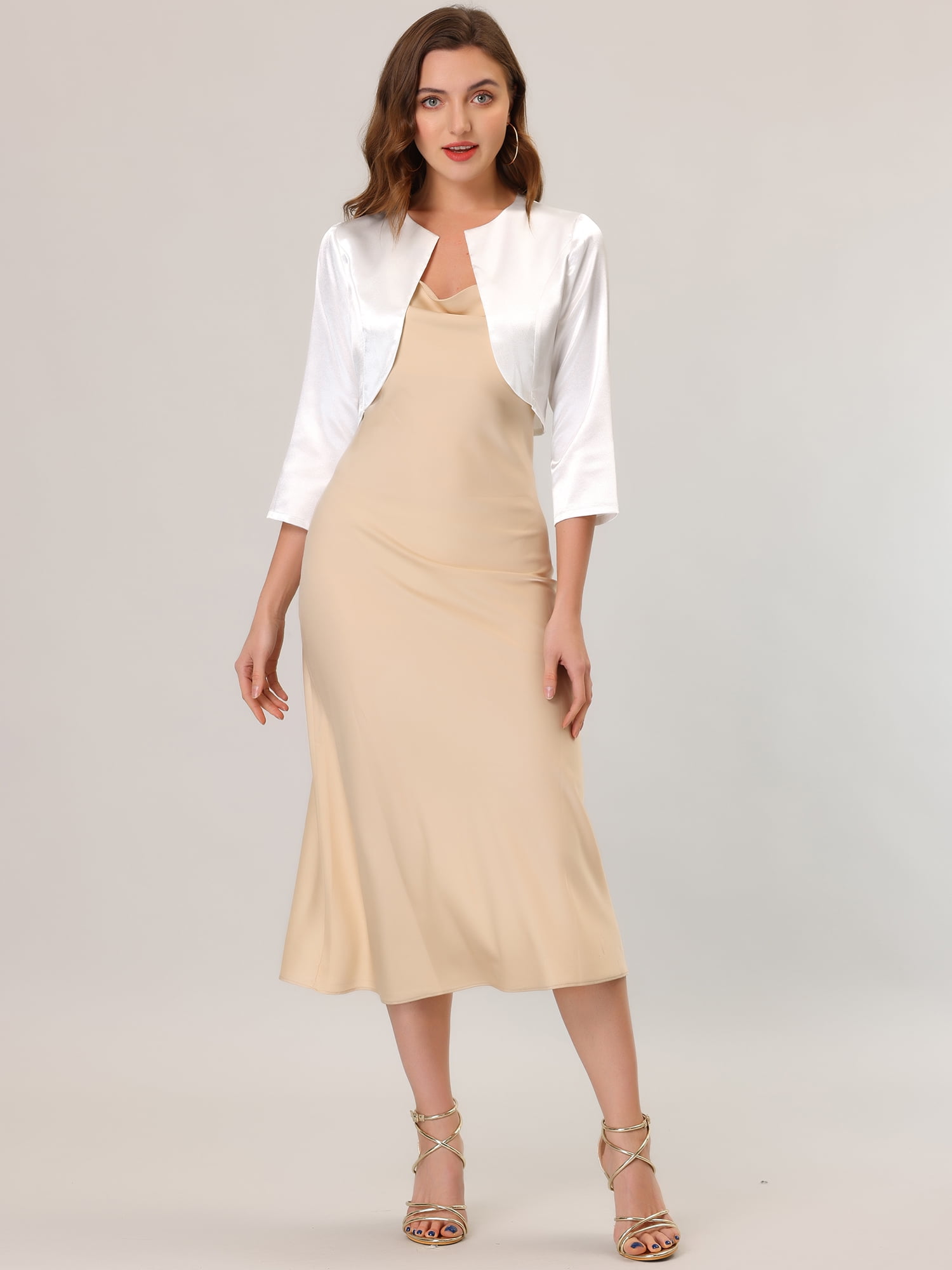 DARING DIVA Women's Satin Cardigan Bolero Shrug Tops S White