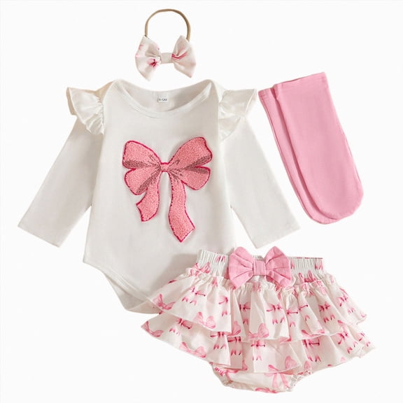 NOLDARES Cute Newborn Baby Girl Fall Winter Outfit Long Sleeve Ruffle Romper Bow Skirt Set Headband 3 Piece Clothes(White,0-3 M)