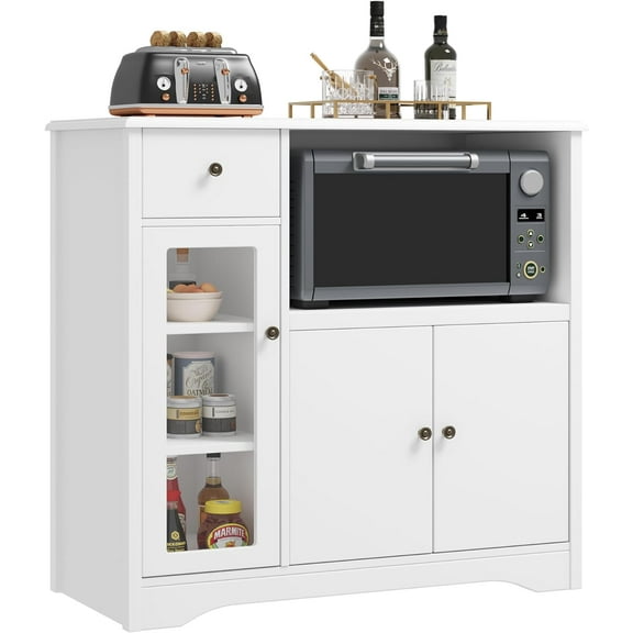 Storage Cabinet with 3 Doors and 1 Drawer, Buffet Cabinet Sideboard with Adjustable Shelves, Microwave Stand Cabinet for Kitchen, Dining Room, White