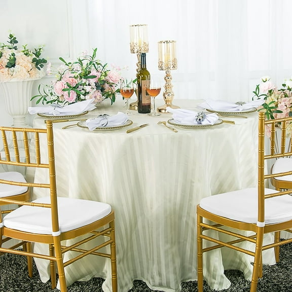 Wedding Linens Inc. 90" Striped Round Jacquard Polyester Tablecloths - Ivory