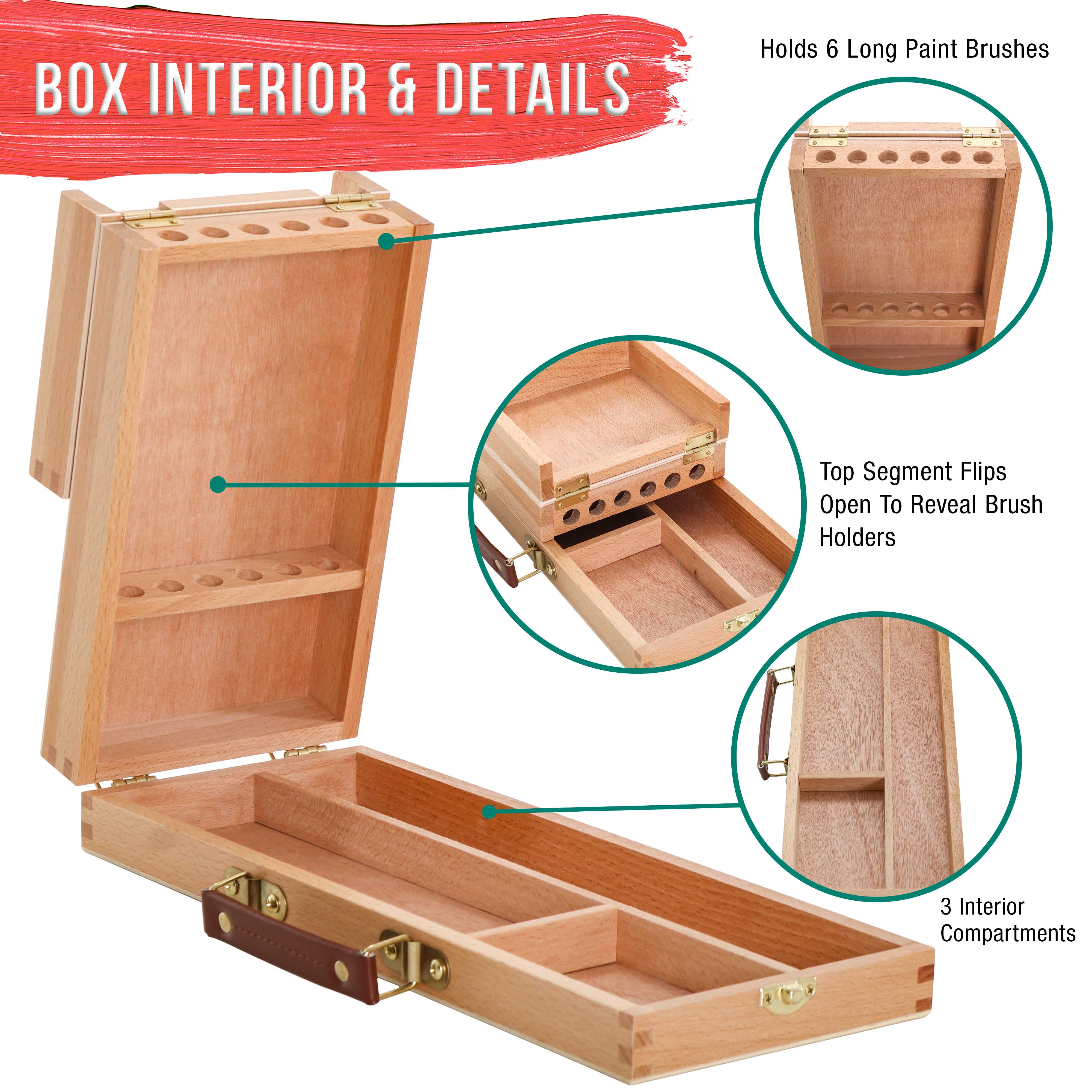 U.S. Art Supply Multi-Function Unfinished Beechwood Flip Opening Artist Tool and Brush Storage Box with Locking Clasps - Protect and Organize and Transport Pencils, Erasers, Tools & Supplies