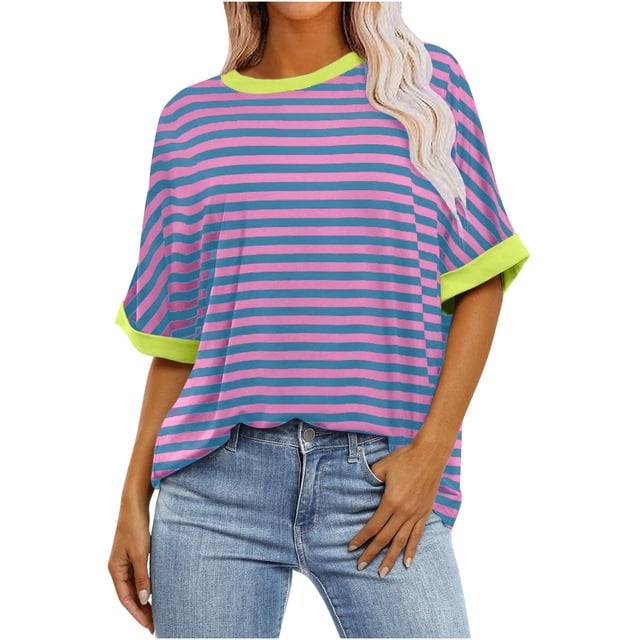 Scyoekwg T-Shirt Décontracté Col Rond Régulier pour Femmes Confortable Rayé Imprimé Graphique Tee Manches Courtes T-Shirts Confortables Blouses Légères d'Été (Violet, m)