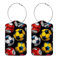 Set of 2 Luggage Tag for Suitcase, Unique Leather Baggage Tags Identifiers Privacy Cover Id Label with Stainless Steel Loop for Women Men Kids Girls, Football Soccer