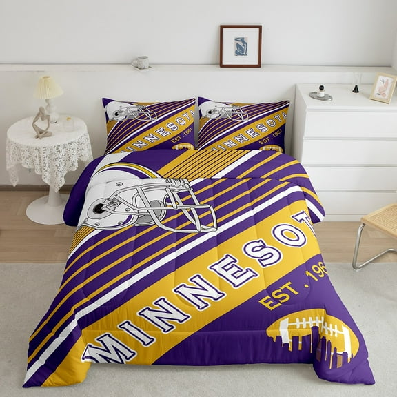 Football Fans Gifts Bedding, American Football City Themed Twin Comforter Set, Rugby Sports Game Bedding Comforters & Sets Graffiti Geometry Striped Quilt 2 Pieces, Purple and Yellow(Minnesota)