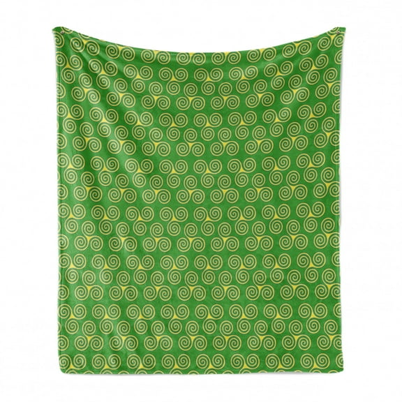 Triskele Soft Flannel Fleece Blanket, Swirling Triple Spiral Geometric Rings Abstract Repetitive Pattern Design, Cozy Plush for Indoor and Outdoor Use, 60" x 80", Mustard and Green, by Ambesonne