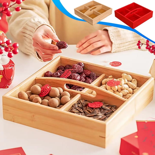 Adorno de bandeja de frutas secas de madera | Caja decorativa de mano de 4 compartimentos | Madera Natural | Organizador de bocadillos apto para horno | Regalo de boda | 25x25x6.5cm | Beige y rojo