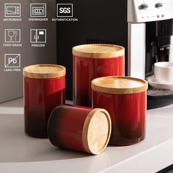 PYYAN-Ceramic Food Storage Jar, Stackable Kitchen Canisters, Containers with Airtight Seal Wooden Lid for Serving Ground Coffee, Tea, Sugar, Salt and More - 16 Fl Oz (Gradient Red)