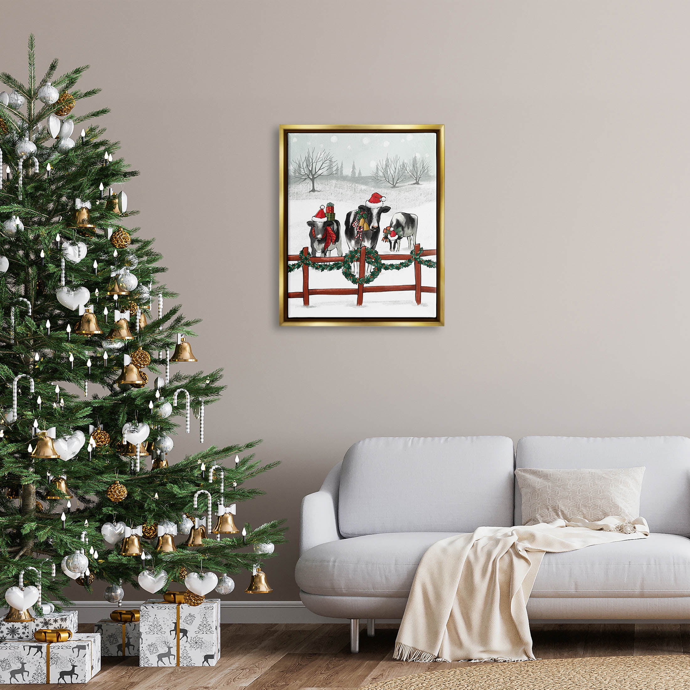 Holiday Cows Farmland Fence Holiday Graphic Art Metallic Gold Framed Art Print Wall Art
