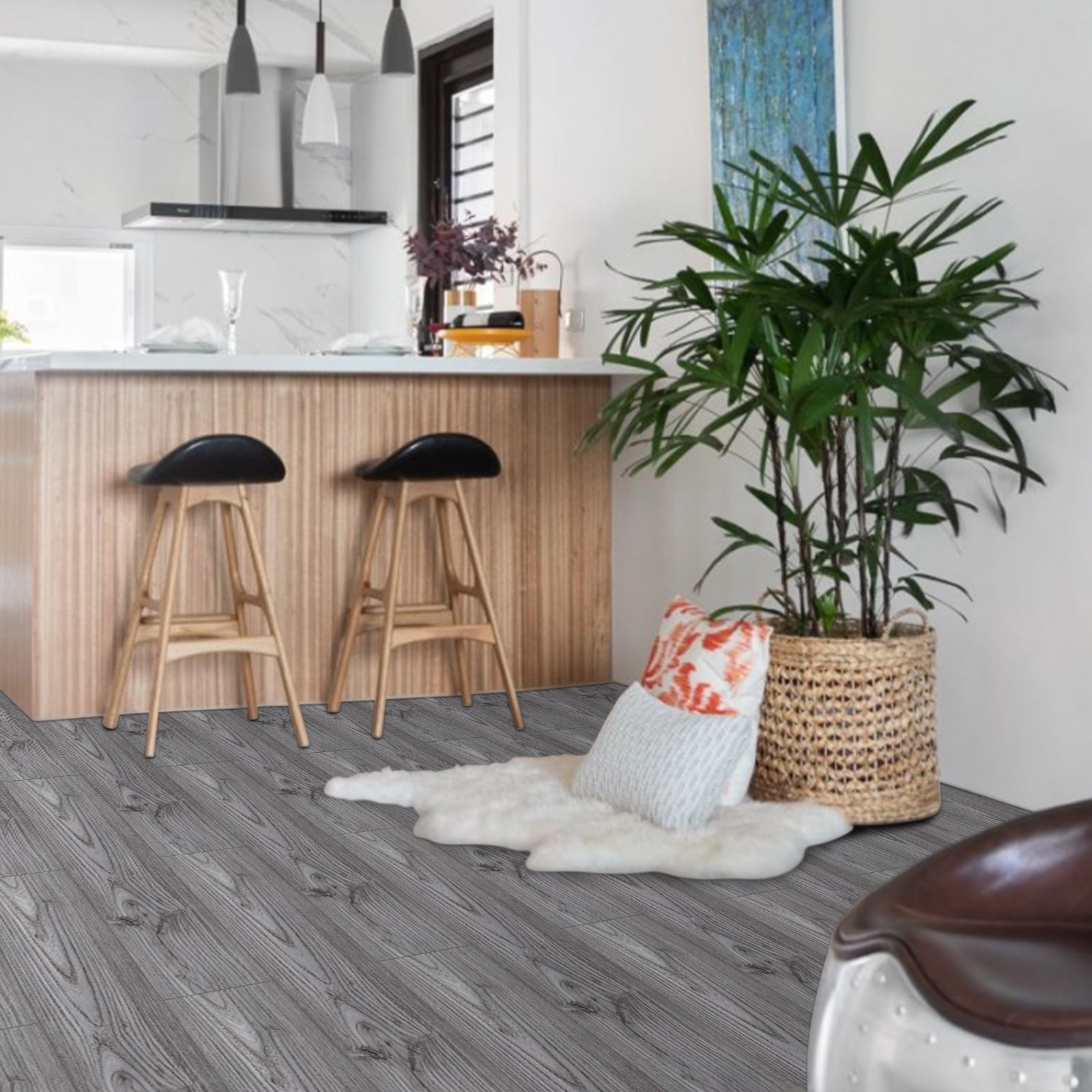 Lxcreat Gray Peel and Stick Floor Tile Vinyl Flooring 35-in x 6-in Gray Wood Grain Self Adhesive and Waterproof for Transfer Bathroom, Kitchen, Living Room, Bedroom 10Pcs