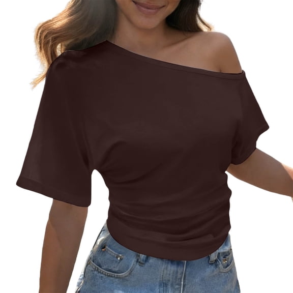 JIAYUE Womens Summer Tops Fashion Short Sleeve Off The Shoulder Asymmetrical Neck Solid Color Pleated Slim Fit Casual Vacation Female Cozy Tee