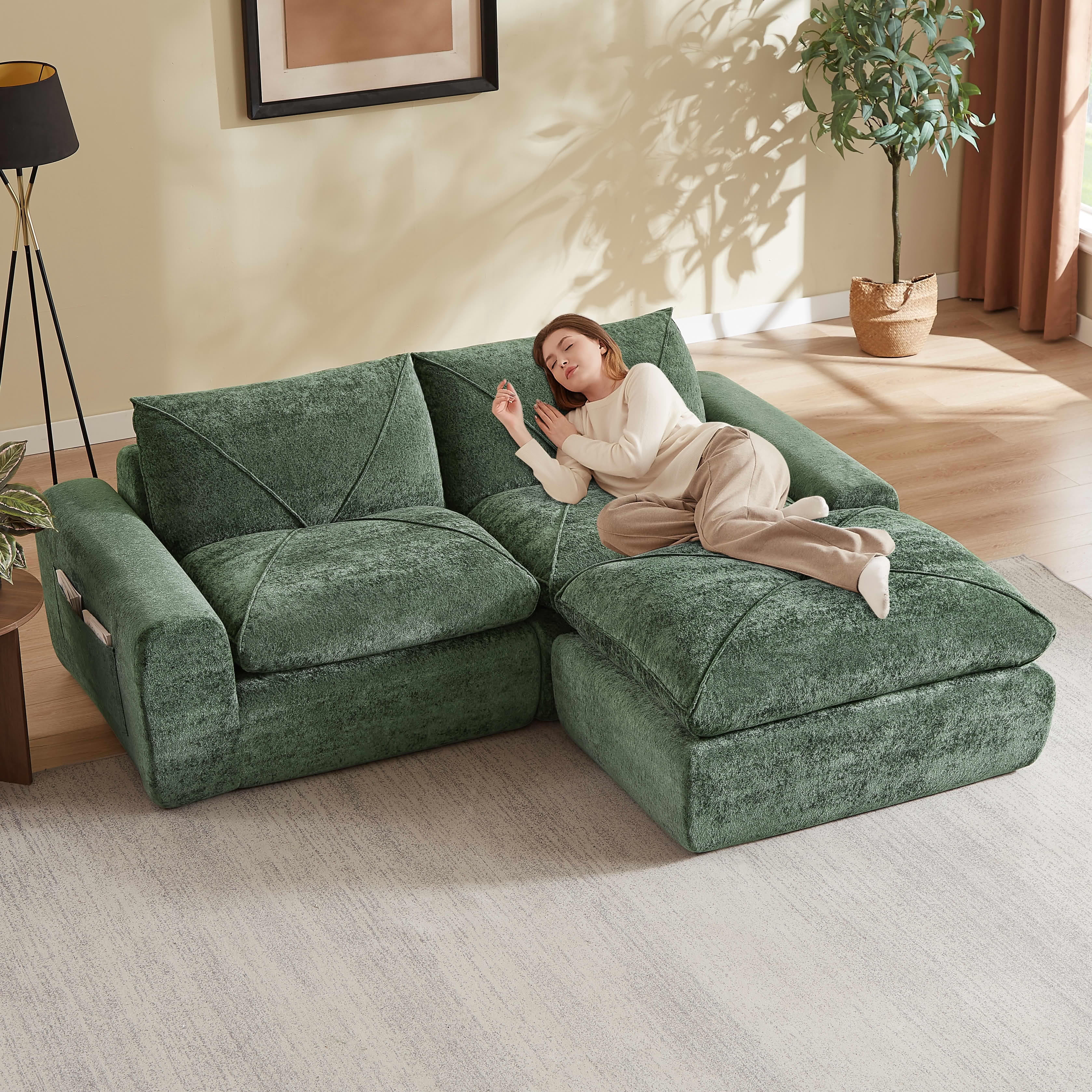 MAYEERTY 85" Green Chenille Modular Sectional Sofa, Spring Support with Ottoman for Living Room Apartment
