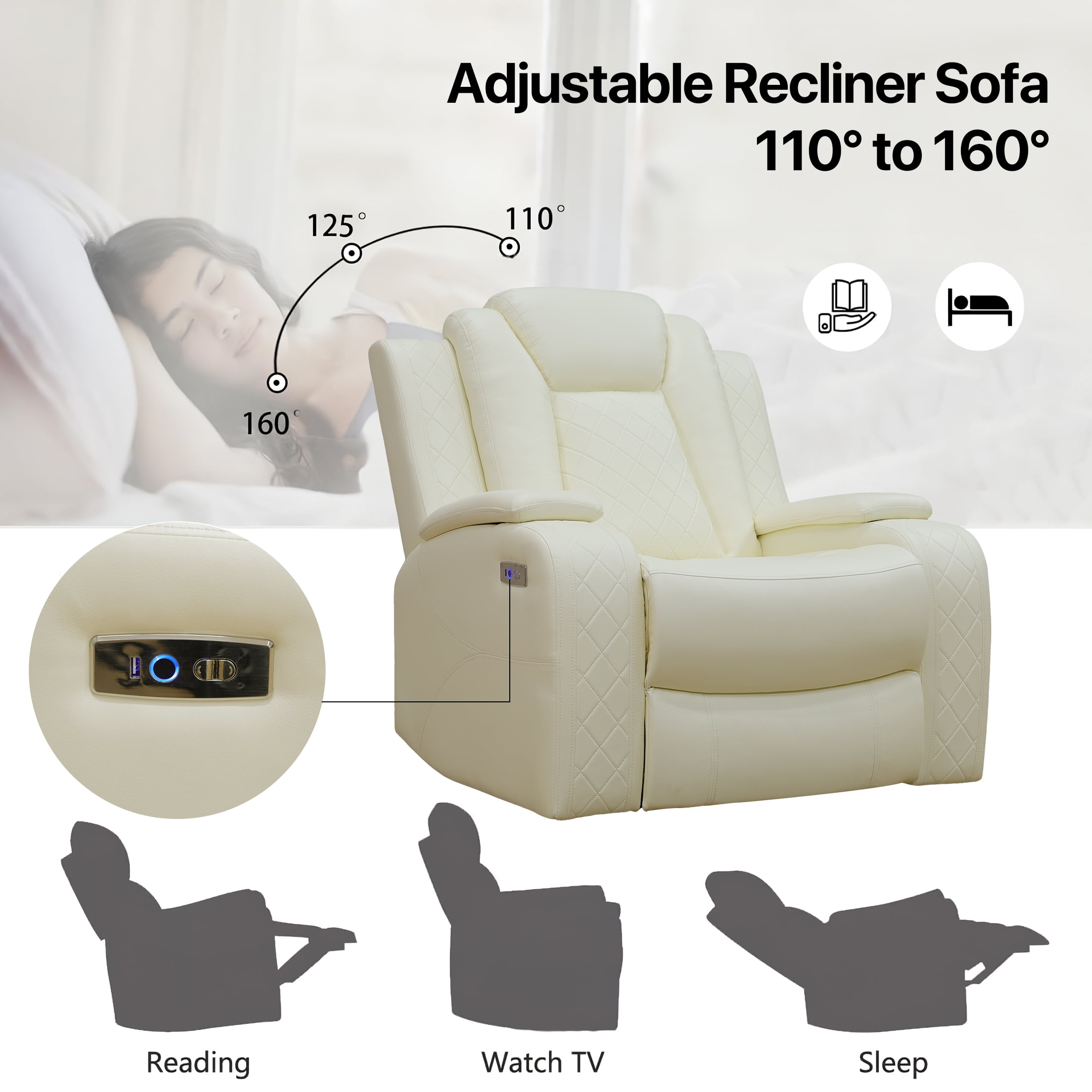 Aukfa Double Power Reclining Sofa, Leather Loveseat with Cupholder, USB and Storage for Living Room,Beige
