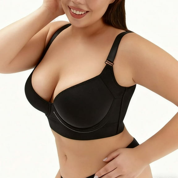 XUNKUSGA Womens Bras Super Push Up Plus Size Bras Smoothing Back Fat Bras for Women Full Coverage Wide Straps Bralettes for Women Comfortable Seamless T Shirt Bra 34-50 Black