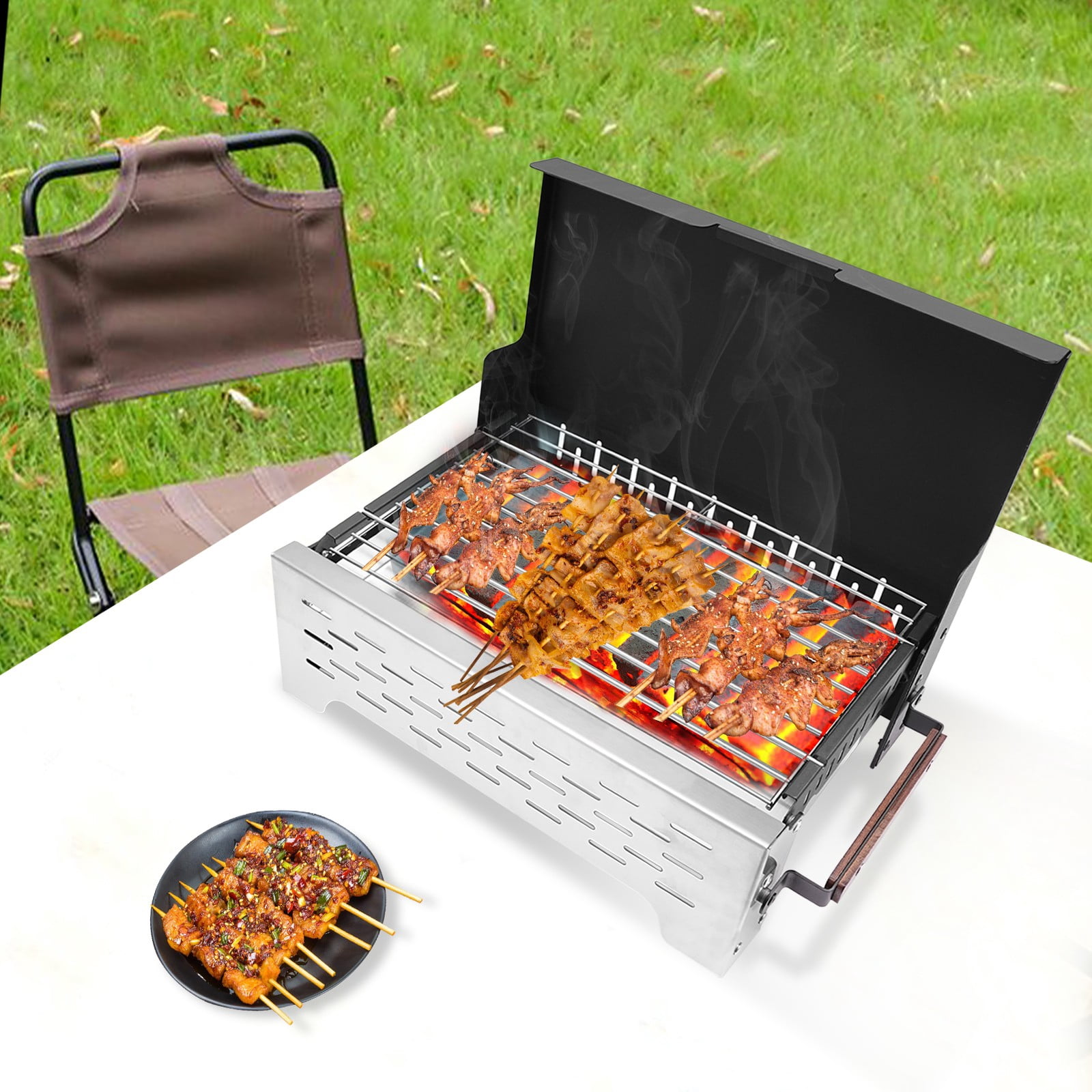 20.79*10.31*2.44 in Modern Plastic Spraying Black Silver Rectangular Portable Charcoal Grill for Gatherings