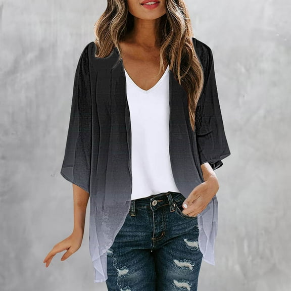 Sakmal Black Winter Coats for Women Lightweight Long Sleeve Sleeve Cover-Up Gradient Flowy Chiffon Cardigan Jackets for Girls