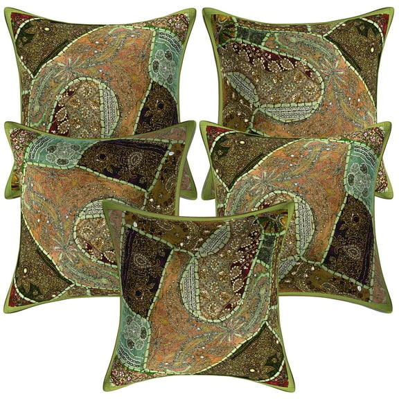 Stylo Culture Ethnic Cotton Home Decor Throw Pillow Sham Covers Parrot Green 16 x 16 Bohemian Beaded Sequins Patchwork Embroidered Couch Cushion Covers 40x40 cm Decorative Pillow Cases | Set Of 5