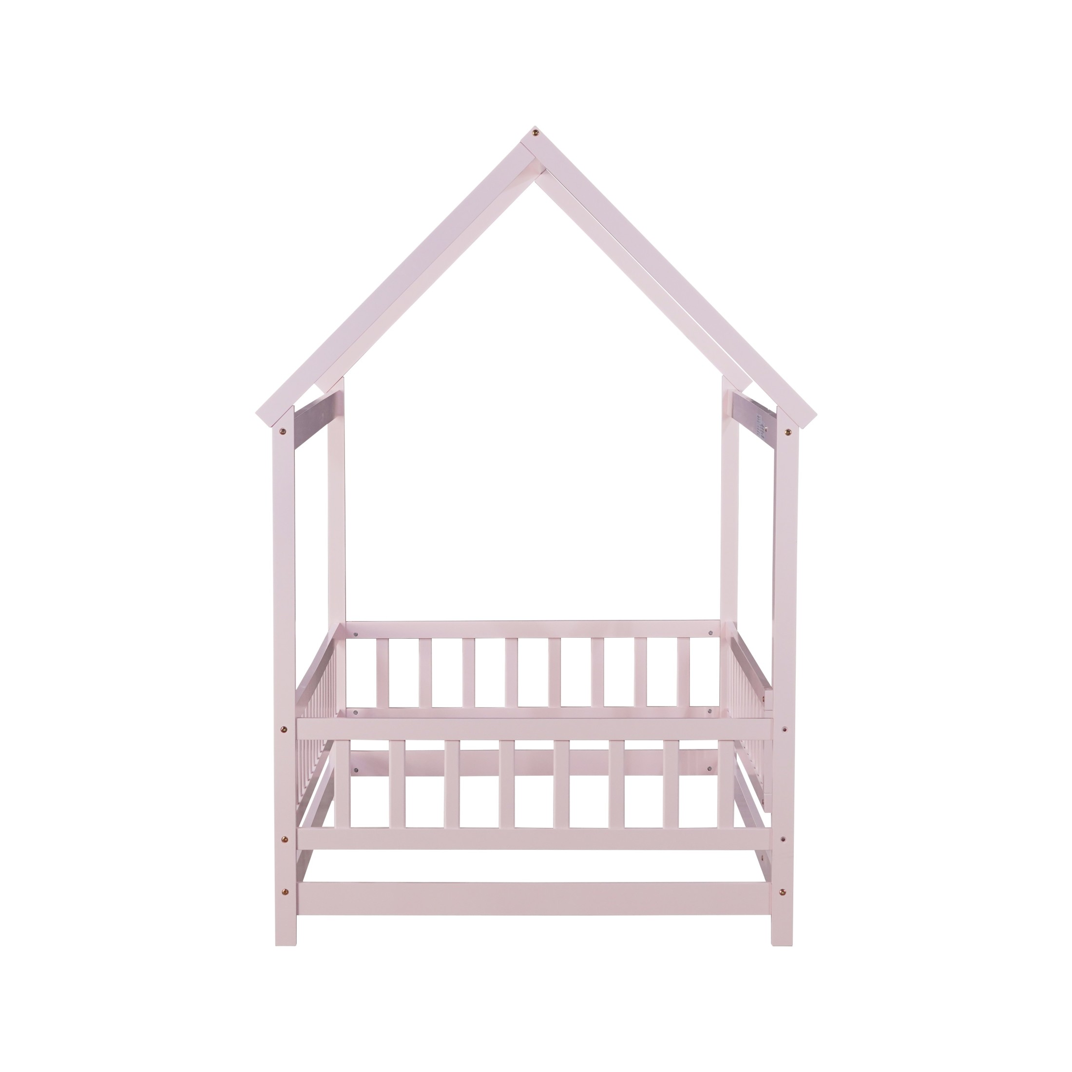 Noble House Travis Twin House Floor Bed with Roof Frame and Safety Fence, Sturdy Wood Montessori Bed, Pink